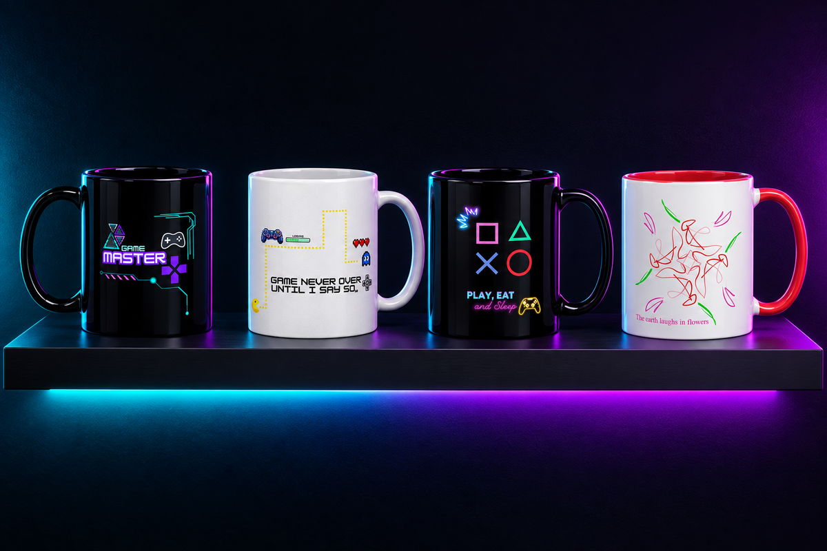 Mugs on Neon Shelf